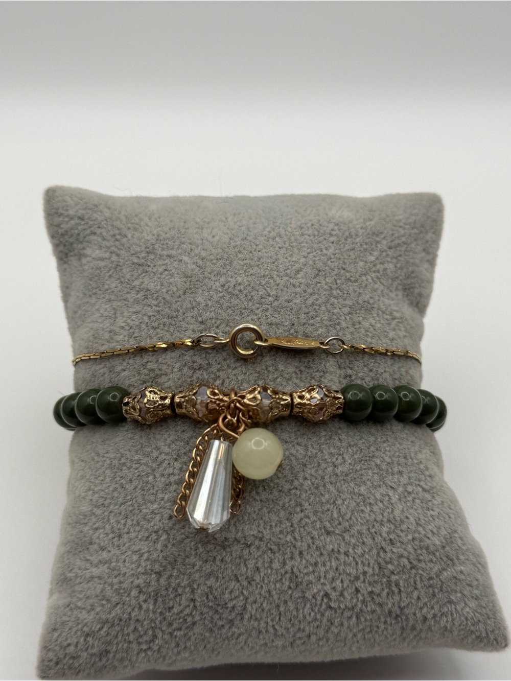 Set of two Gold and Dark Green Beaded Charm Bracelet